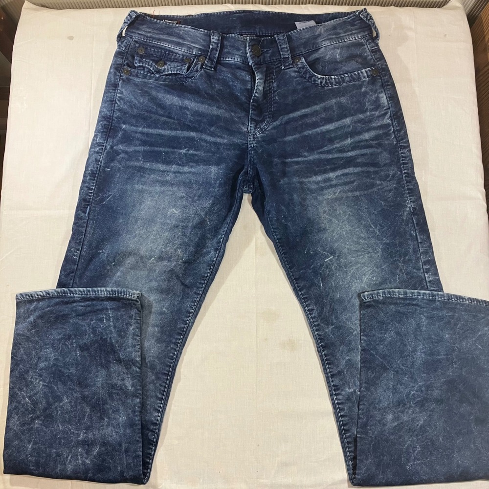 True Religion Ricky Relaxed Straight Jeans Mens 32 Acid Wash Blue Distress Denim